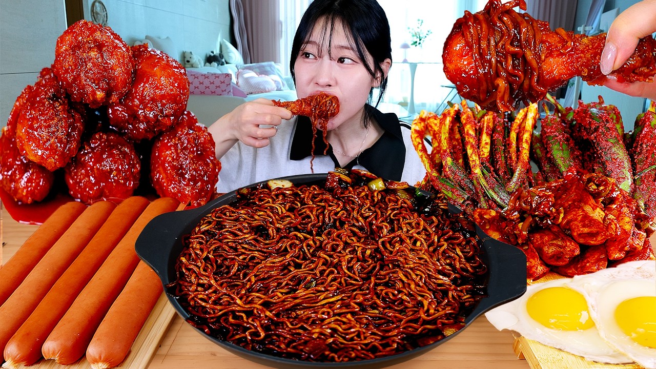 ASMR MUKBANG | Острая Jjapagetti, корейская жареная курица, Kkanpung пельмени, кимчи из лука