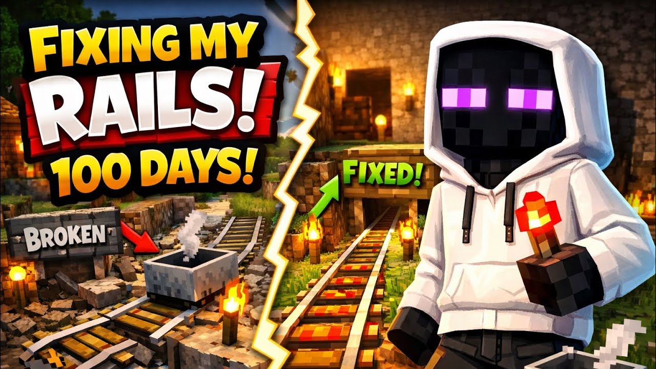 Minecraft 100 Days – Fixing My Broken Rails to the Mine Base - YouTube