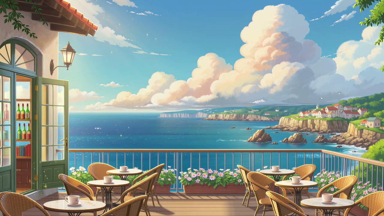 Anime Seaside Café Ambience + Lofi Music | Ocean View Chill Study/Relax
