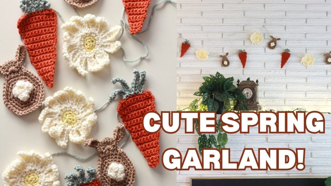 Free Crochet Carrot Daisy and Bunny Easter Garland Pattern Tutorial