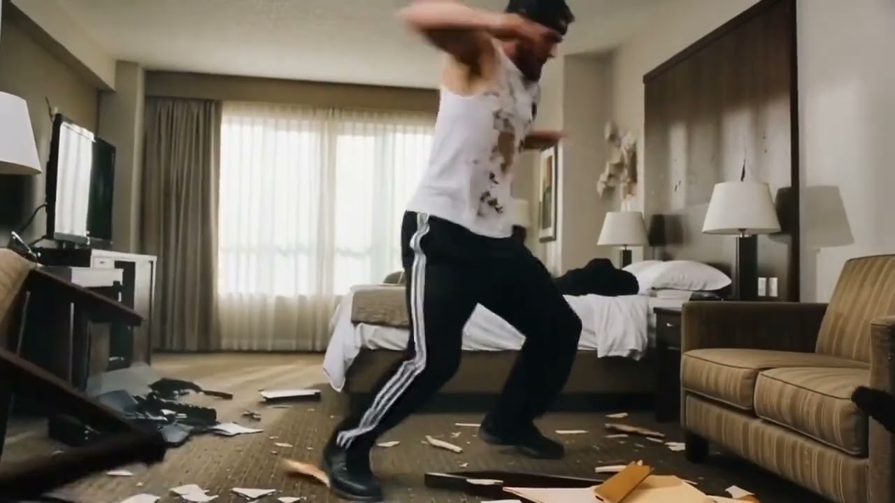 There is a man breaking the inventory in the hotel room in this picture