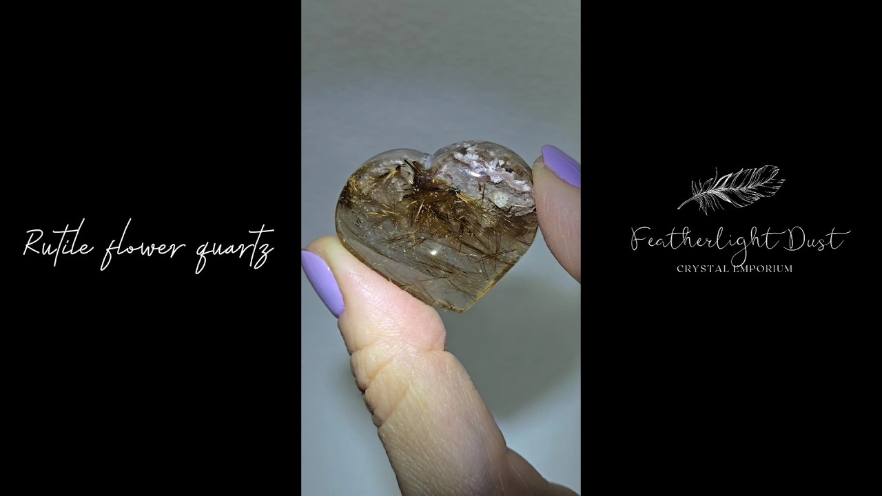 Golden rutile flower on pink lodolite garden quartz heart - RT710