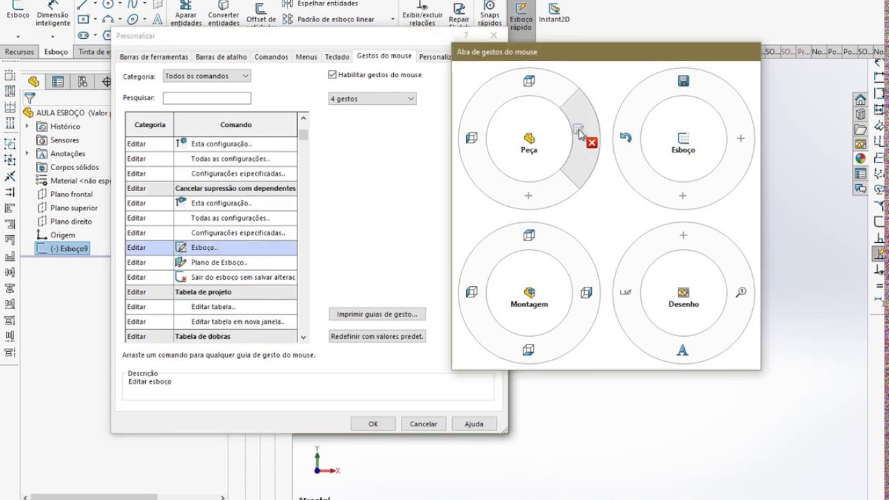 Tutorial SolidWorks - CONFIGURANDO E APLICANDO GESTOS DO MOUSE