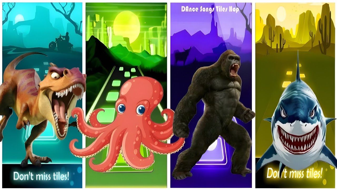 🎶 MONSTER TILES🦖 T-Rex Fury vs 🐙 Neon Octopus Beat vs 🦍 Gorilla Bass Rage vs 🦈 Savage Shark Rush
