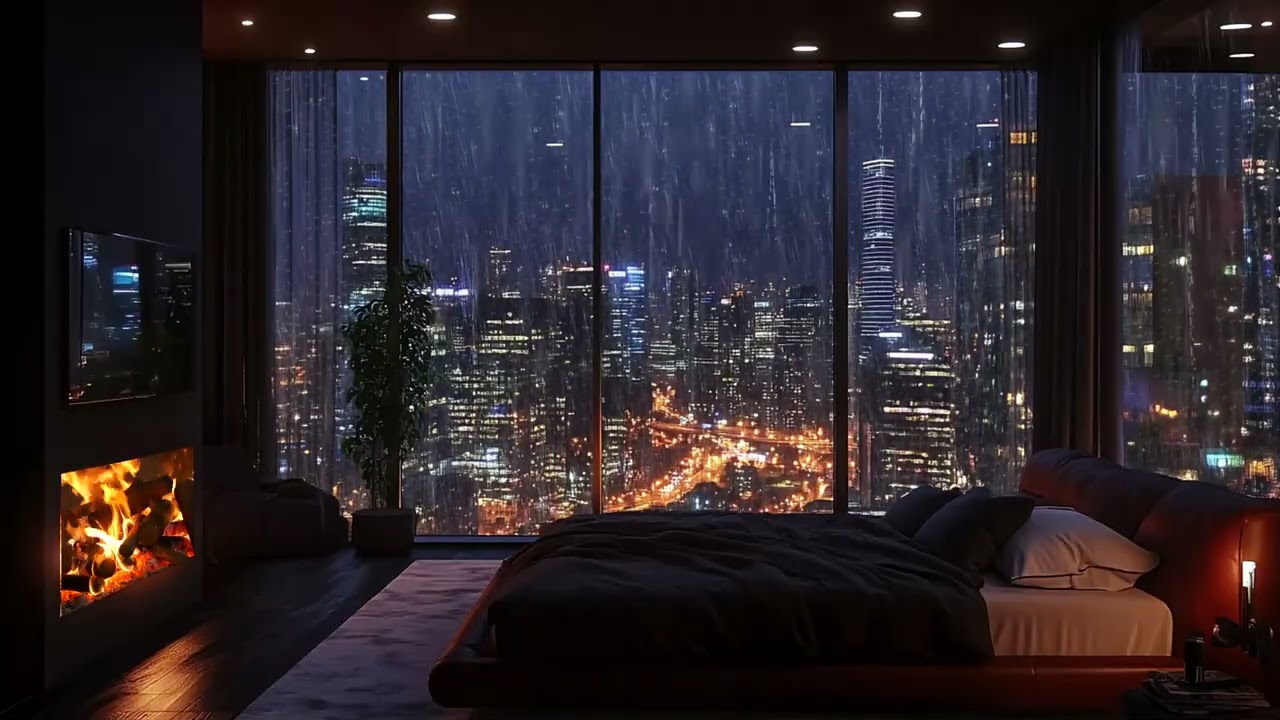 Heavy Rain and Strong Thunder with Fireplace in a Modern City Apartment for Deep Sleep