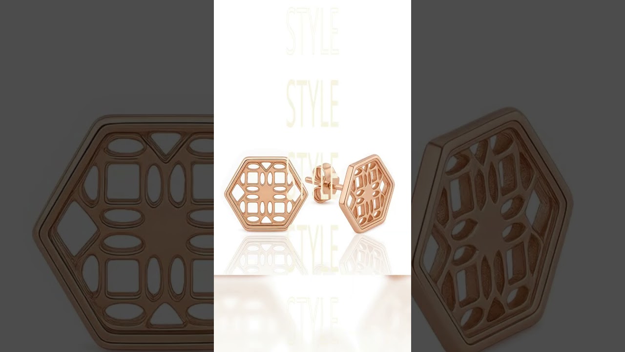 Rose Gold Stud Earrings with Hexagon Filigree