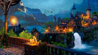 Cozy Balcony at Medieval Village⚡Soothing Sounds of Lake Waterfall Sounds, Crickets, Distant Thunder