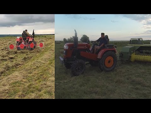 Ворошение, сгребание , тюкование сена. Пресс-подборщик John Deere 330. Мини трактор Shifeng SF 354