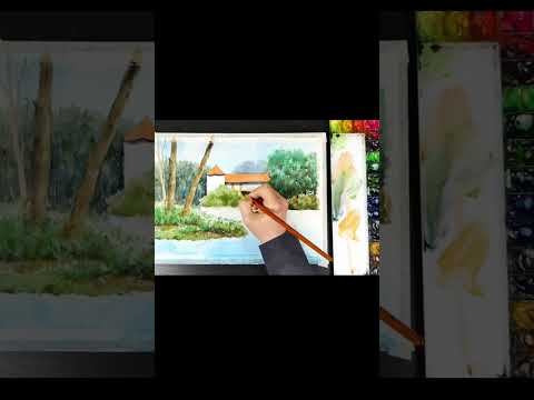 #<strong>shorts</strong> Without <strong>Sketch</strong> ​Landscape Watercolor - ​Lake View. ​NAMIL ART  #watercolortutorial