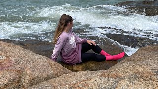 Lulu Got Wet On A Huge Rock. Wet Purple Sweatshirt, Wet Leggings, Wet Socks