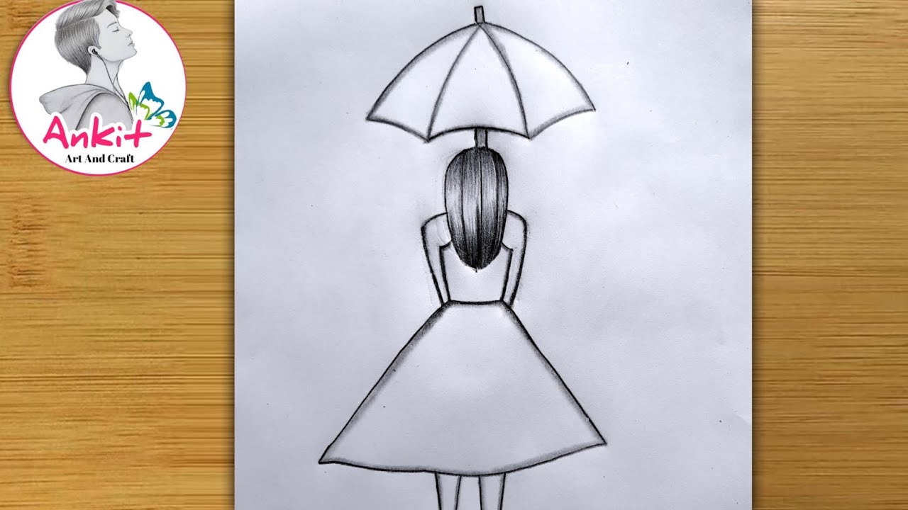 Girl with umbrella walking in the rain. Ink black and white drawing Stock  Photo - Alamy