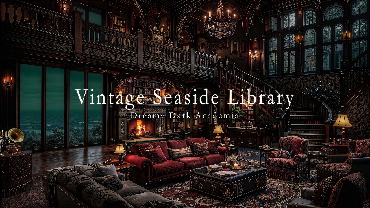 Rainy Vintage Oceanfront Library Ambience | Cozy Fireplace & Dark ...