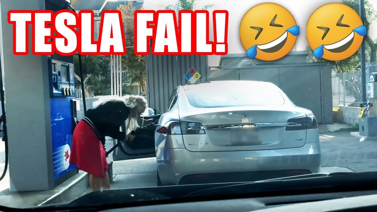 Dazed and confused blonde woman tries to fill Tesla Model ...