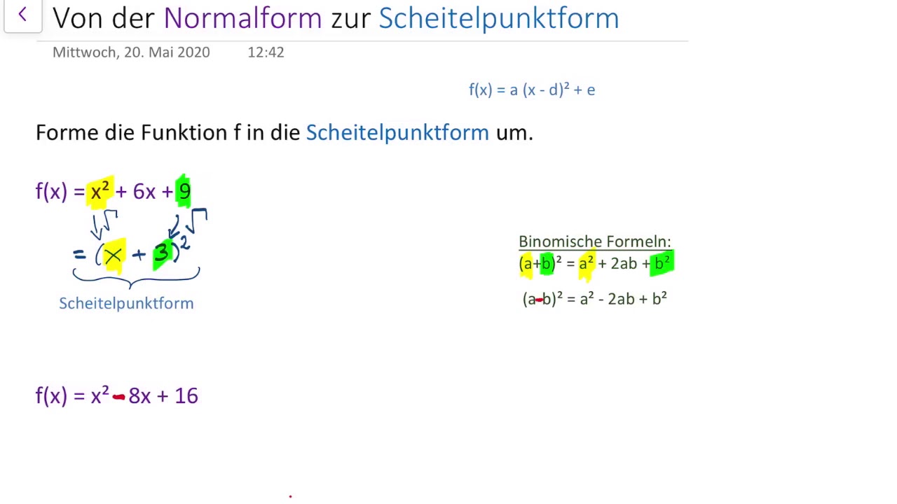Umformen von der Normalform in die Scheitelpunktform - YouTube