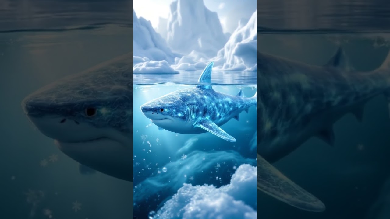 A shark made entirely of ice and snow swimming under frozen arctic waters glowing softly from within