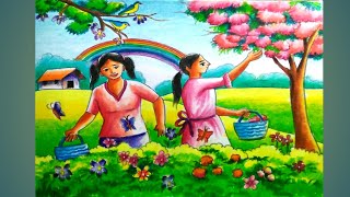 How to draw a spring season scenery step by step/drawing spring season scenery How to draw a spring season scenery step by step/drawing spring season scenery