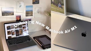 Unboxing New Macbook Air M1 in 2024 (space grey) - quick set up, accessories ✨