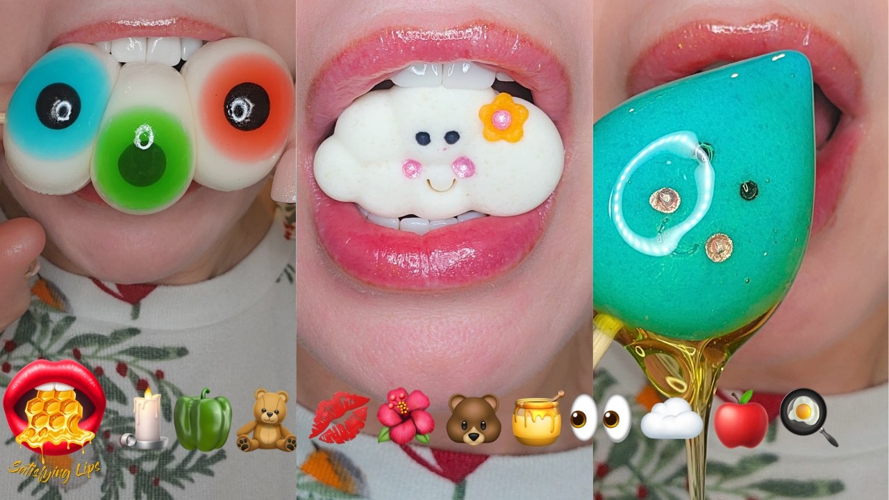 Satisfying ASMR Eating Sounds Emoji Food Challenge Jello Jelly Wax Candy