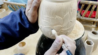 Carving flower- How to Carve Exquisite Patterns on a Vase  | Pottery Video  | sculpting flowerpot
