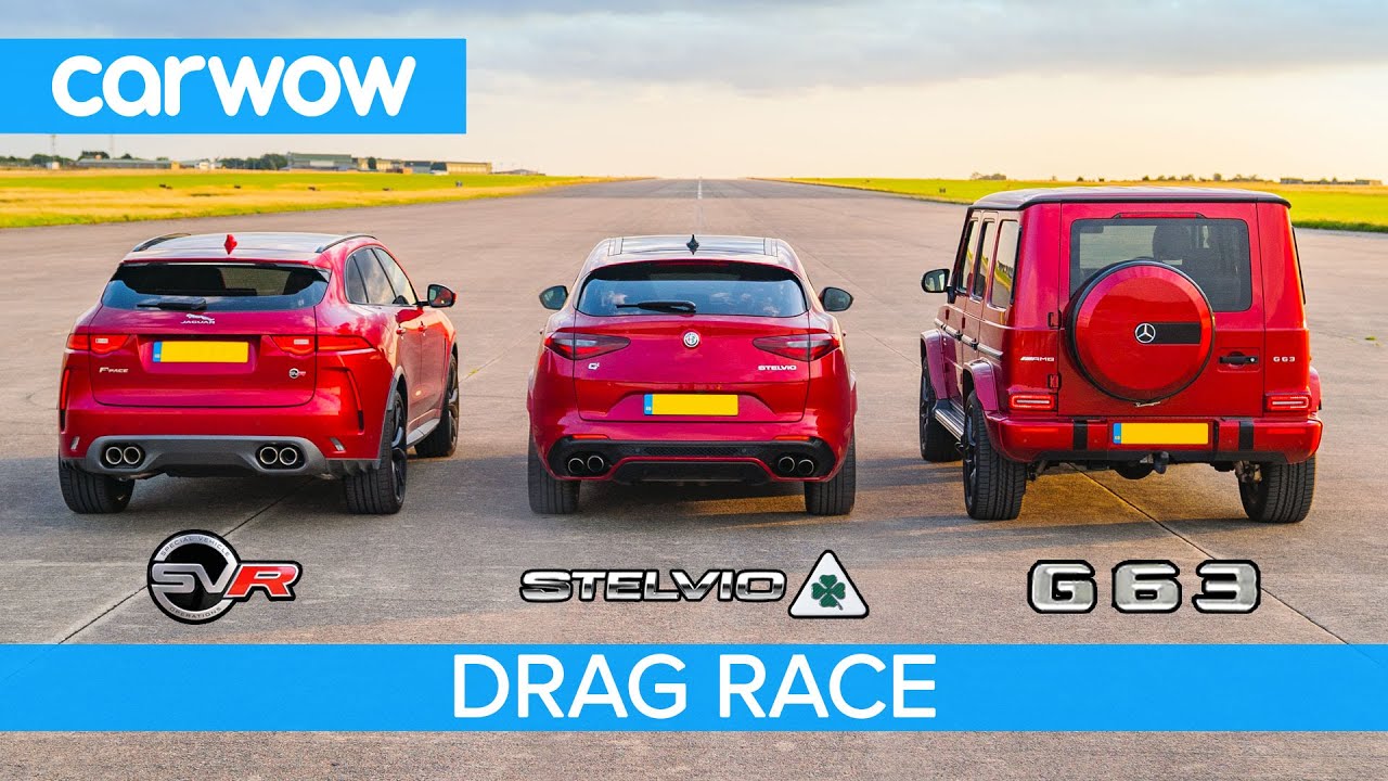 AMG G63 v  F-Pace SVR v Stelvio QV – DRAG RACE, ROLLING RACE & BRAKE TEST