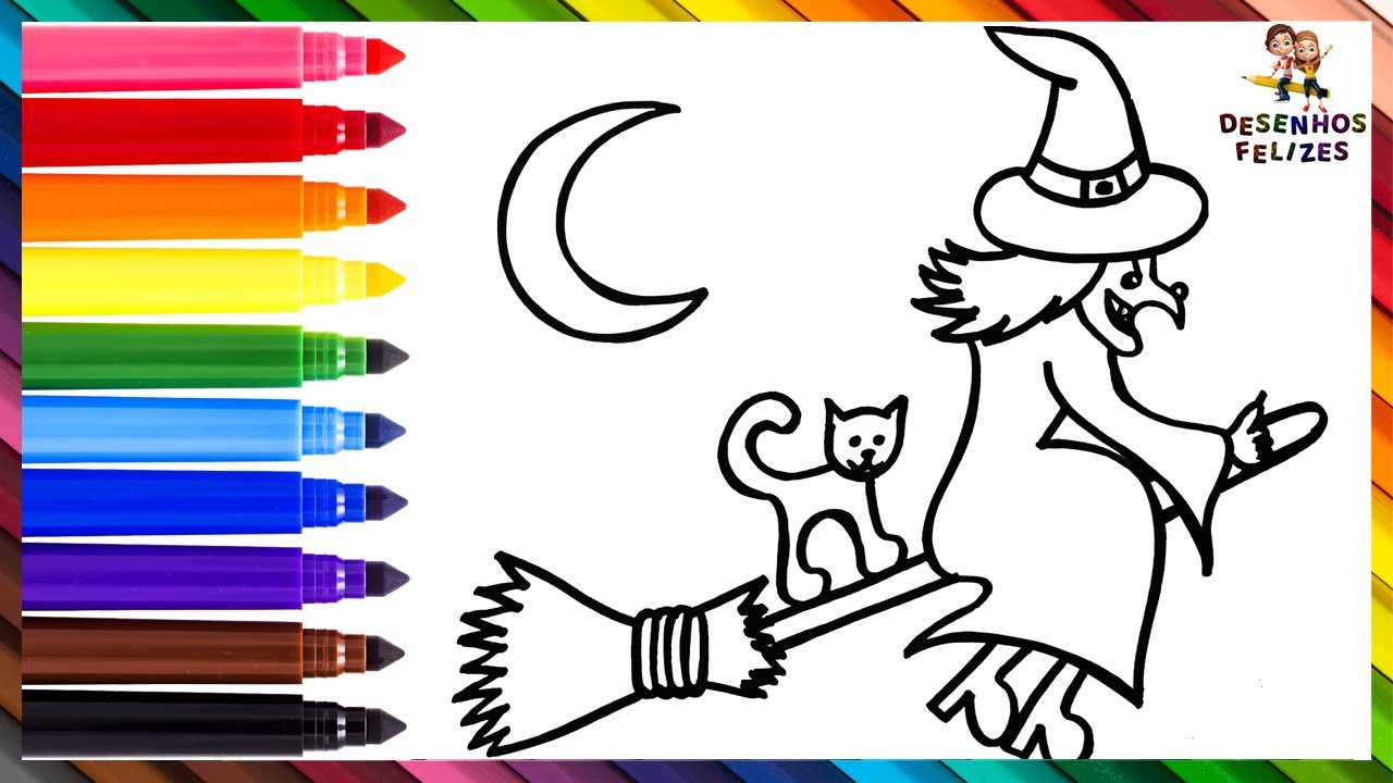 Desenhos para colorir de feliz dia das bruxas com uma bruxa e um gato para  colorir 