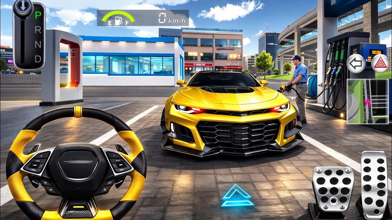 New yellow mercedes stuck at petrol station. Pump to apartment 