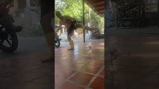 Man in Boots Mimics Chicken's One Leg Stance