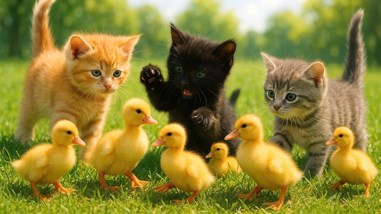 Beautiful cats chasing ducklings in a grassy field - Cat sounds - Cat videos