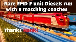 TOMY EMD F unit diesels run with 8 rare matching coaches video for HankAmericanEngine @ucwepn