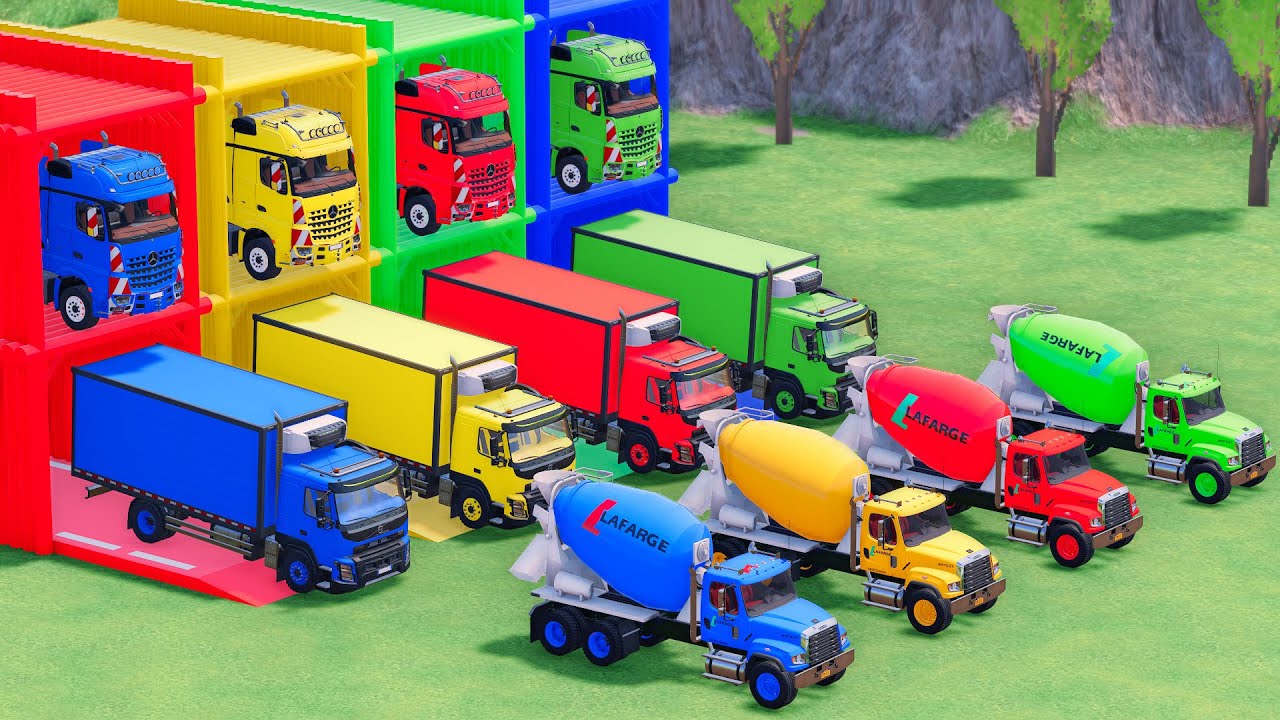 Trucks With COLORS - FREIGHTLINER MIXER TRUCK and VOLVO BOX TRUCK with FLATBED TRAILER TRUCK - FS22