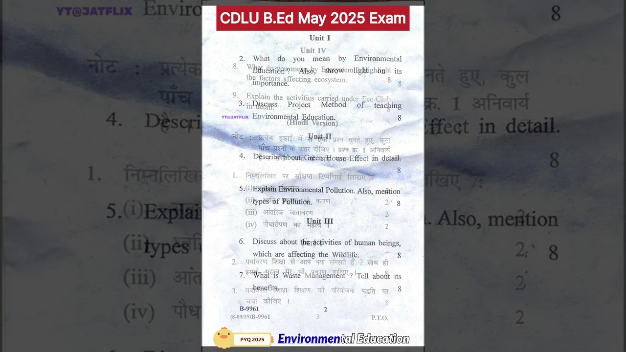 Environmental education (Optional) Bed 2nd year question paper of cdlu university sirsa