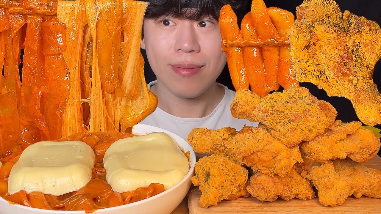 (Подписка) Кукурузные ттокпокки с карри и курица с хрустящей корочкой, мукбанг, ASMR