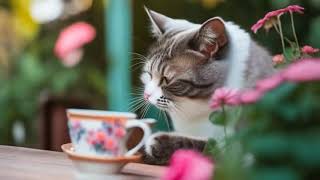 Няшная Кошечка Пьёт Кофе Из Фарфоровой Чашечки, Сидя На Балконе В Цветущем Саду