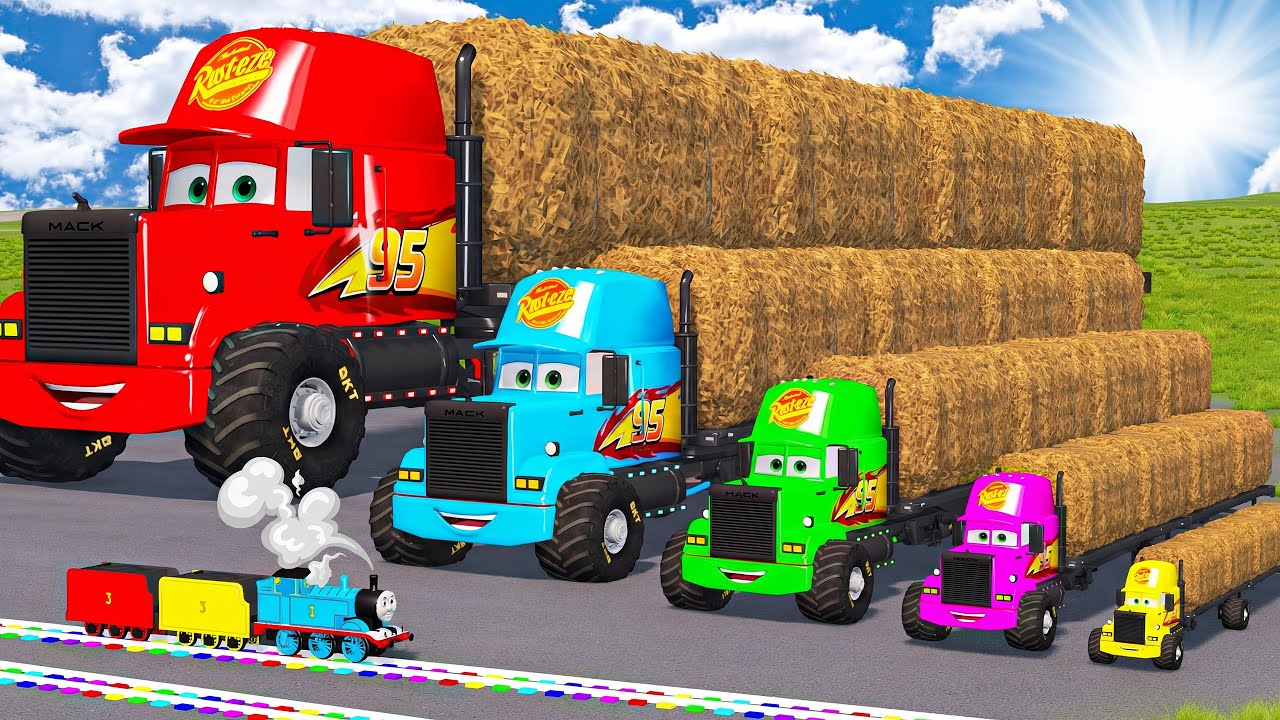 Big & Small Long Mack Truck with Straw Bale vs Trains Thomas - Fat Cars vs LONG CARS | BeamNG.Drive