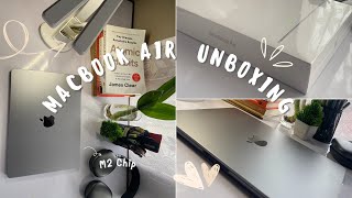 MacBook Air  M2 aesthetic unboxing(space grey) | setup + accessories