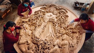 1 Year Carving an Extremely Large Wall Art from a piece of Wood  Ingenious Skill of Wood Carving