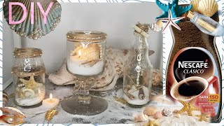 diy Frascos decorados SUPER Facil Reciclaje Mar Arena y conchitas