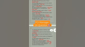 FCI Manager Memory Based ased General Awareness Question #shorts #fci #fciag3 #fcimanager