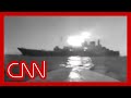 Video appears to show sea drone strike Russian ship