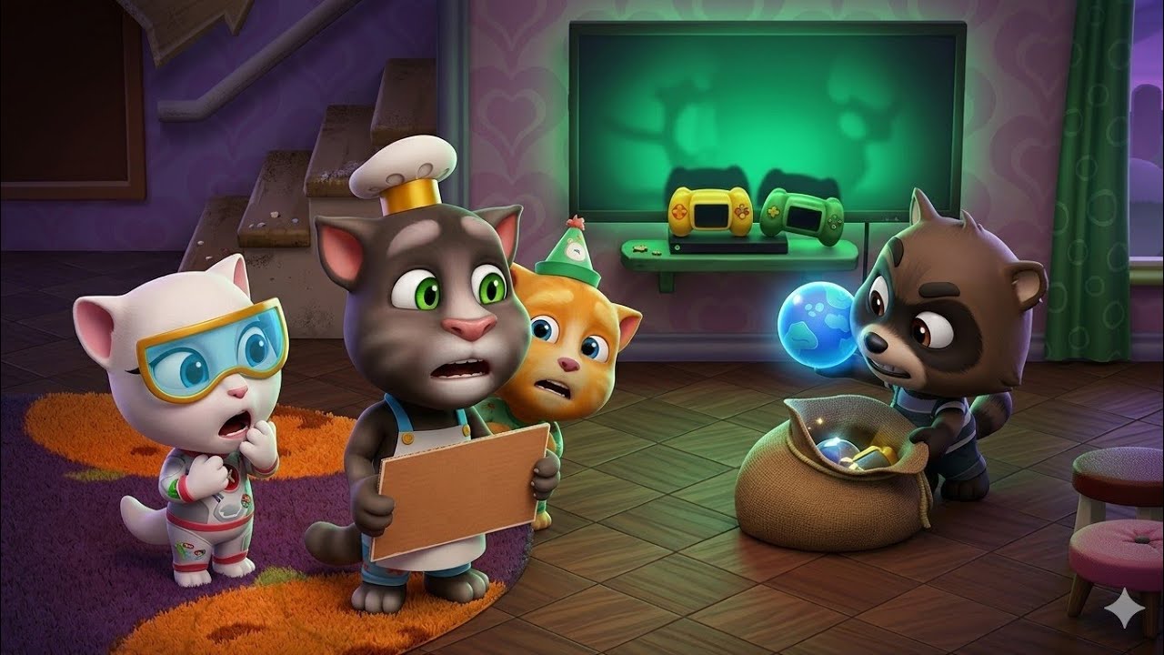 Roy Raccoon stole the decorations from the house in My Talking Tom Friends Gameplay 
