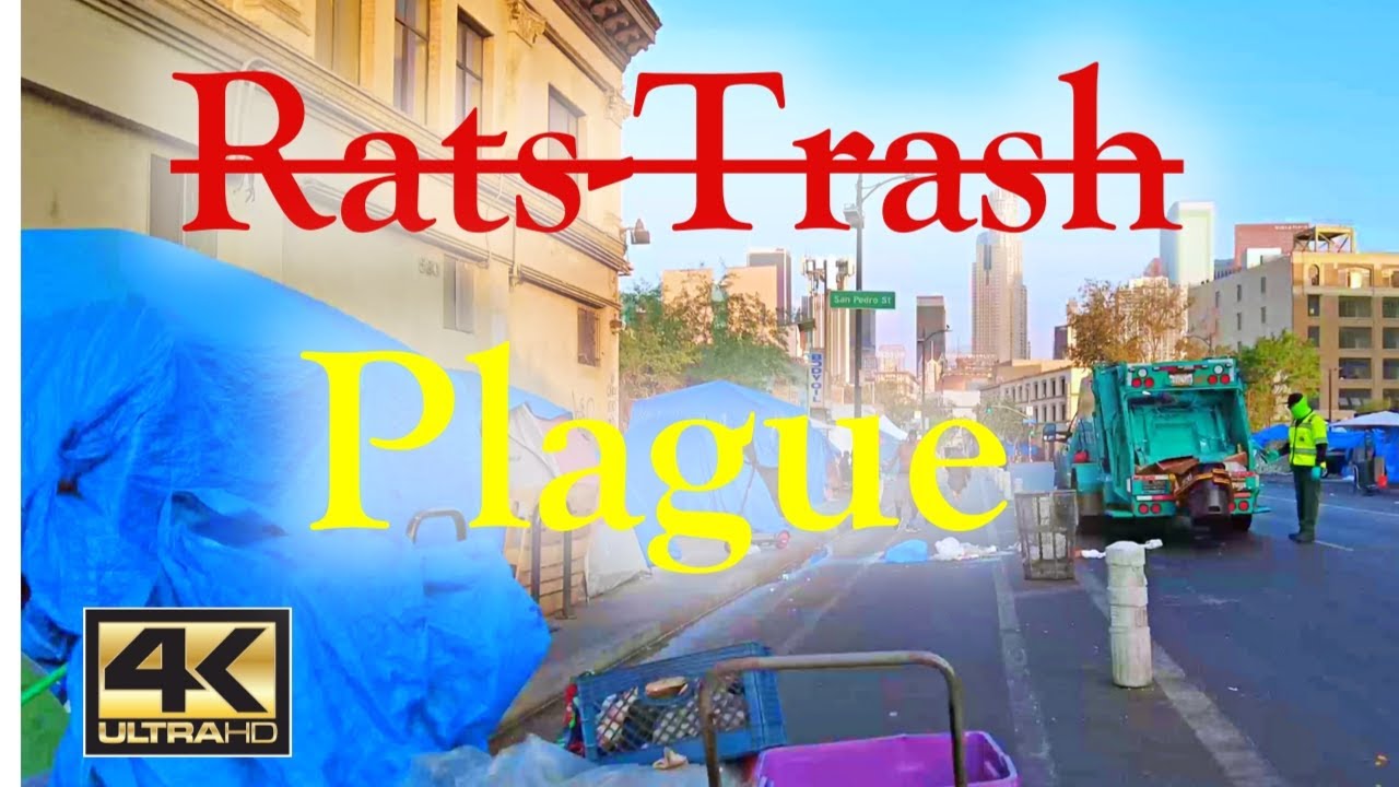 Rats Trash Plage on Skid Row Homeless Encampment Los Angeles 4K Walk