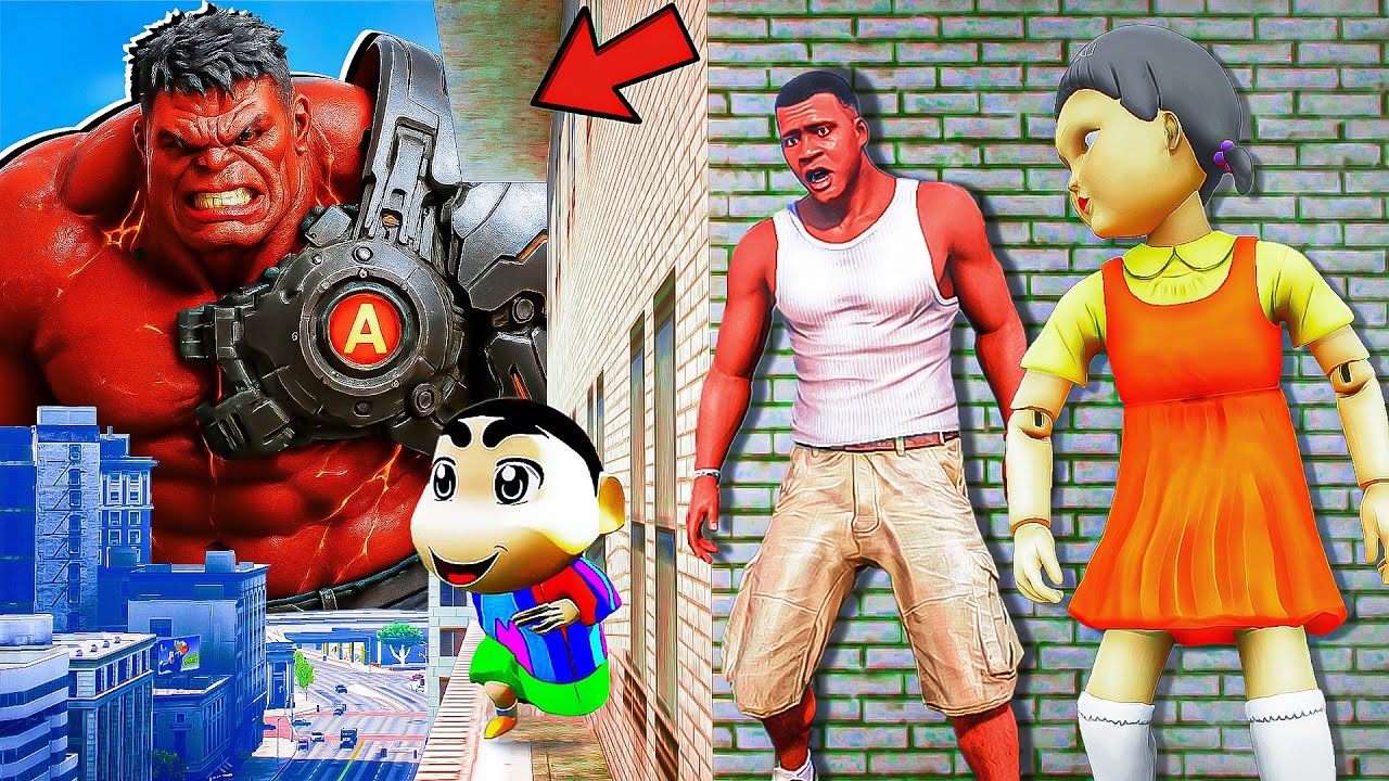 Franklin and Shinchan & Pinchan play HIDE AND KILL with Squid Game Doll In GTA 5