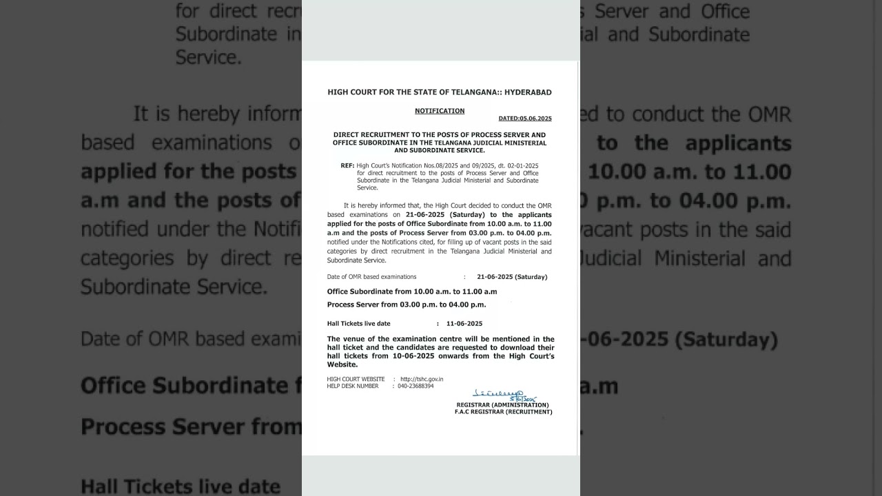 telangana high court office subordinate and process server hall tickets