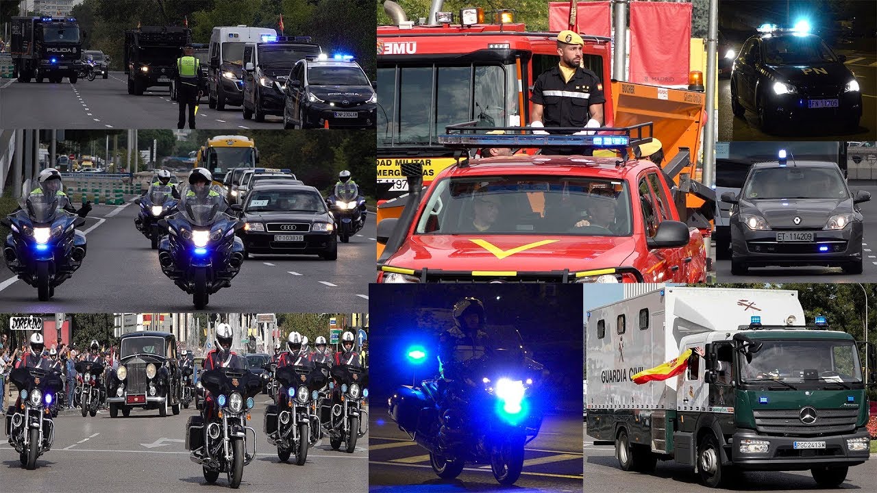 Escoltas y vehículos de emergencia en el desfile Fiesta Nacional España 12 octubre 2019