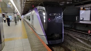 [電笛あり]回5201M E353系 S211編成 S106編成 特急はちおうじ1号八王子行の送り込み回送が電笛を鳴らして新宿駅7番線を発車するシーン