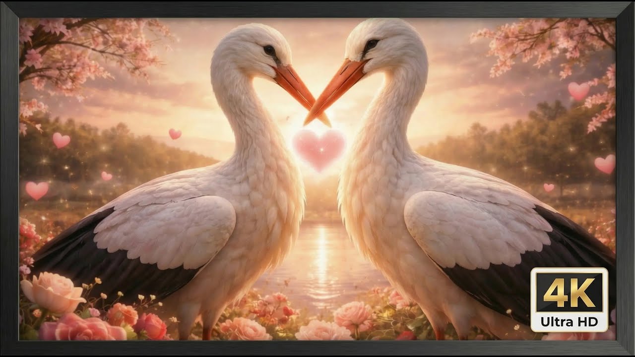 Elegant Valentine's Ambient Storks at Sunset Romantic Heart Display for Frame TV