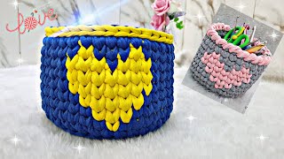 كروشيه باسكت/سله تابيستري قلب بخيط الكليم crochet T_Shirt yarn heart basket️