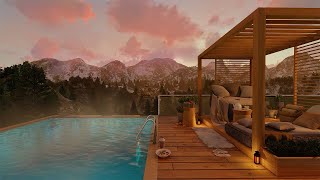 Poolside Swiss Alps Sunset Ambience Relax By The Pool At Sunset, Overlooking Snow-Capped Mountains