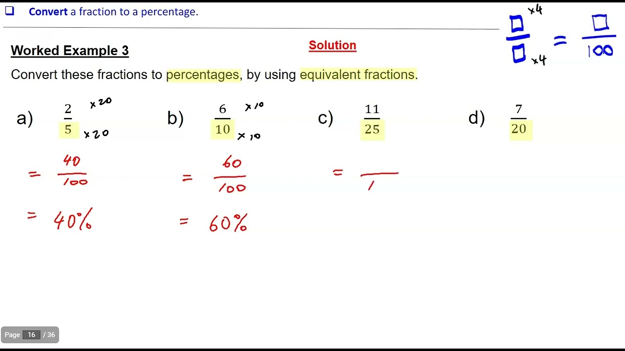 Example 3: Equivalent fractions to percentages