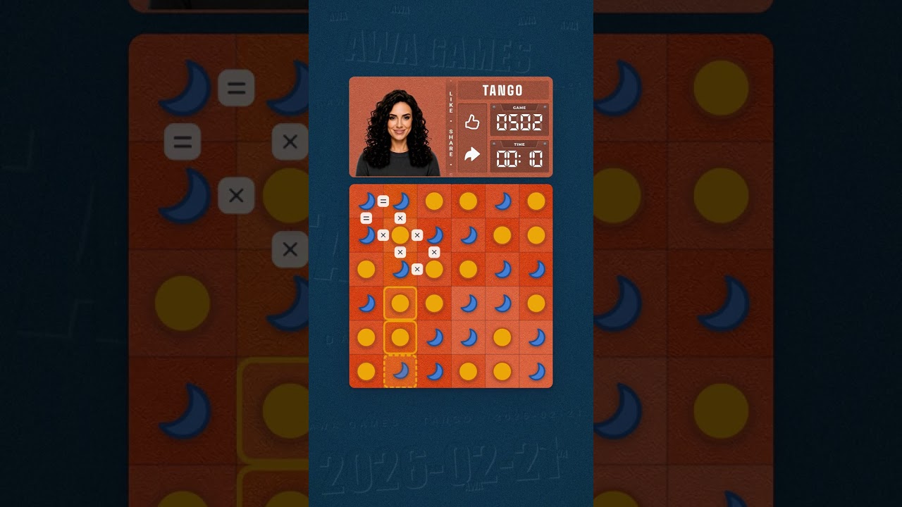 LinkedIn Tango #502 solved board for February 21, 2026, 6x6 grid